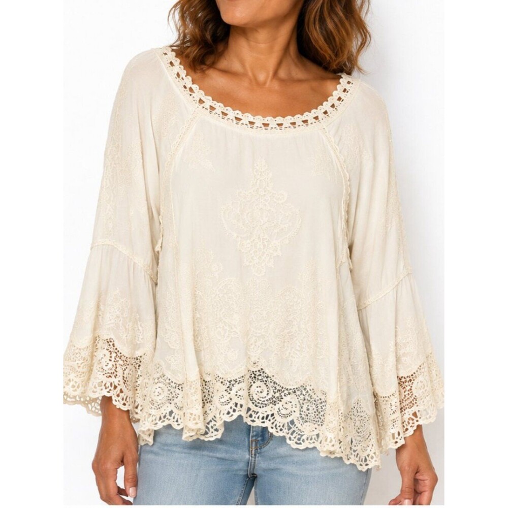 Democracy Embroidered Crochet Lace Bell Sleeve White Boho Blouse Top Size Large